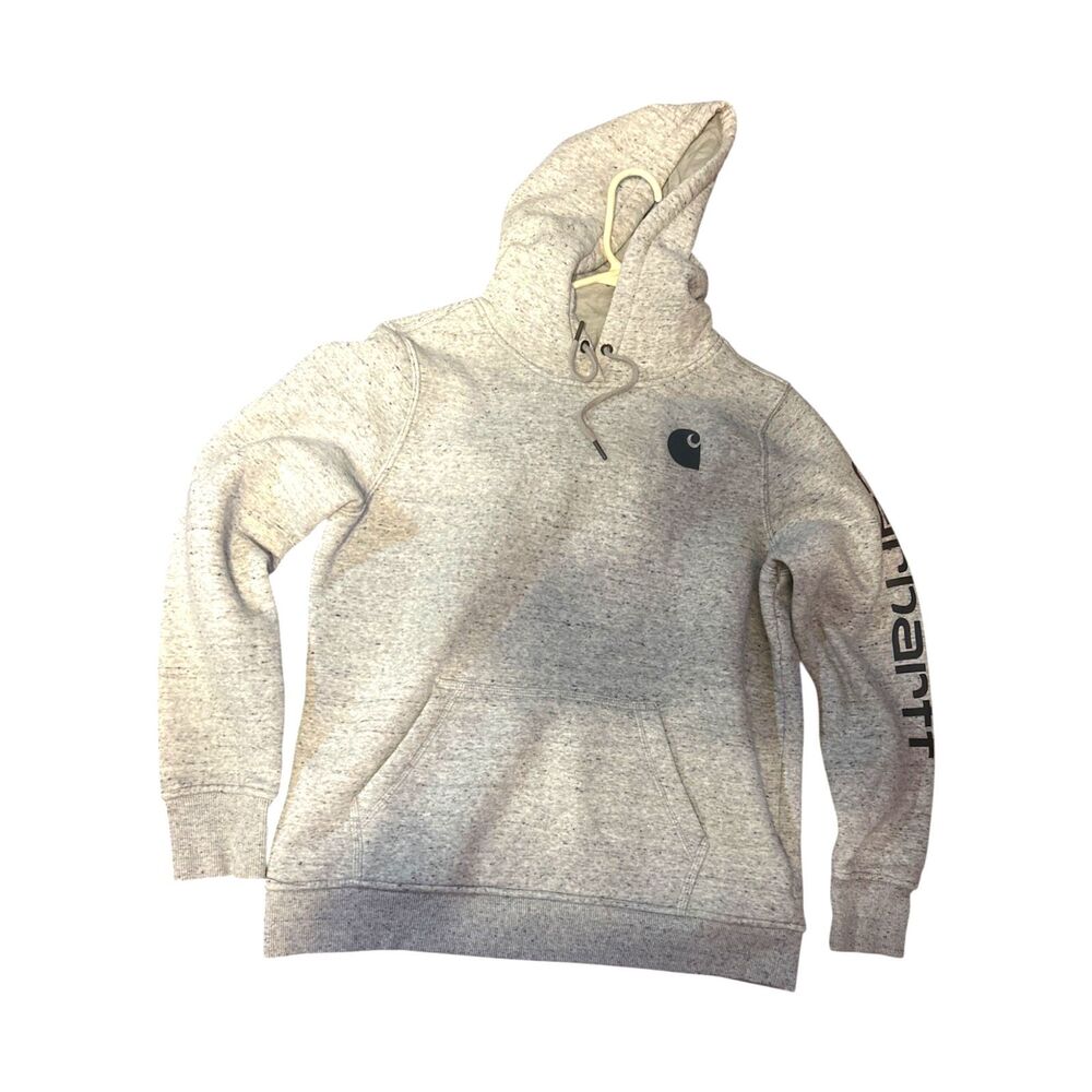 Gray Carhartt pullover hoodie with drawstring small logo on the chest